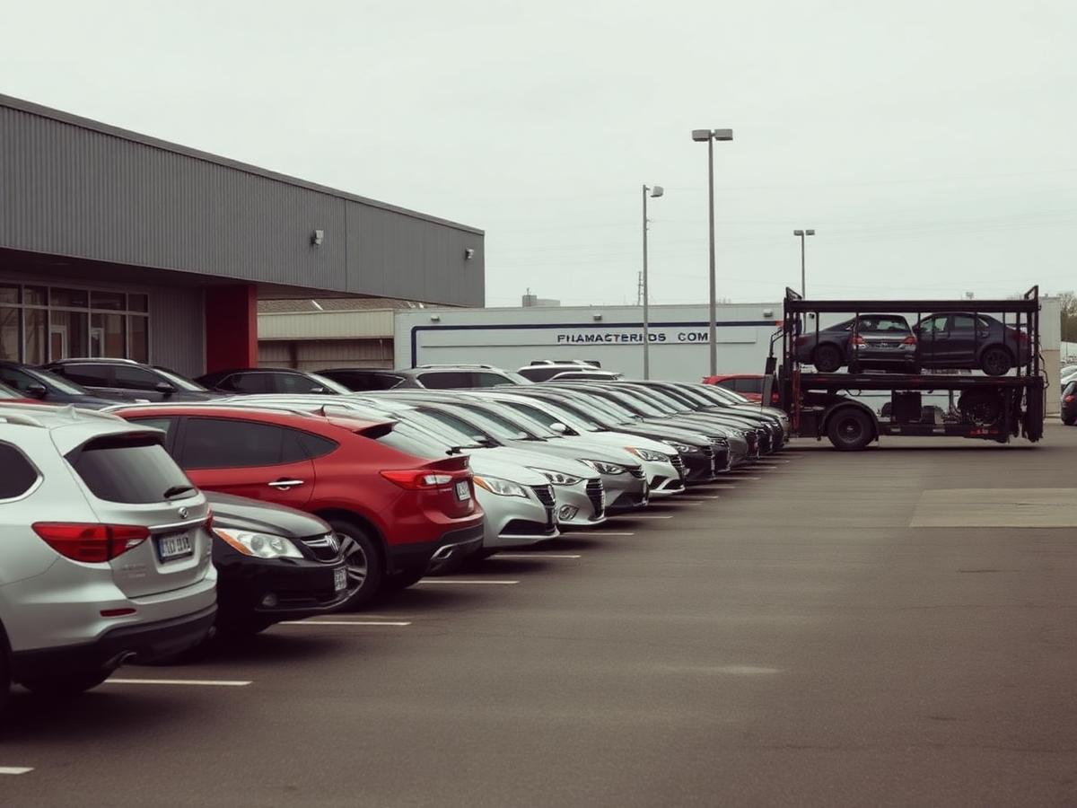 Row of vehicles parked on a dealership lot with a multi-car carrier truck alongside