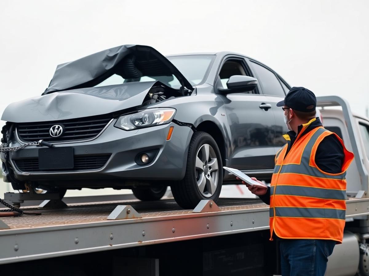 Tow operator with a tablet documenting a damaged sedan secured on a flatbed deck
