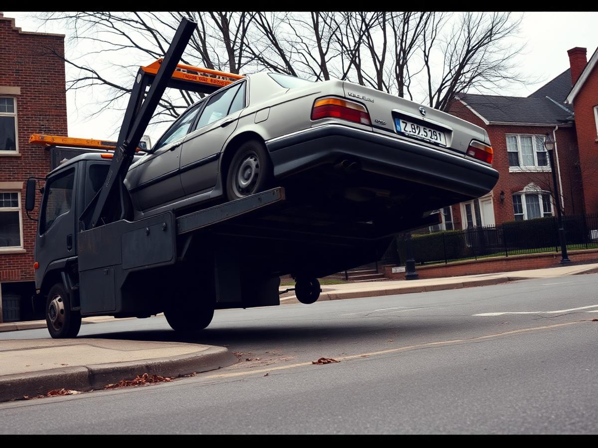 Tow truck lifting an older sedan from a city street curb lane in daylight