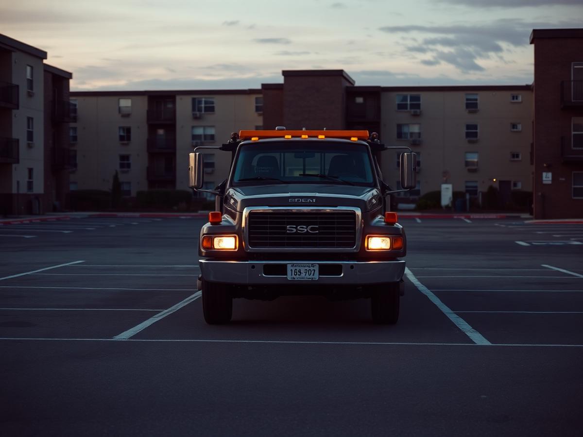Tow truck parked in an apartment complex parking lot at dusk with headlights on