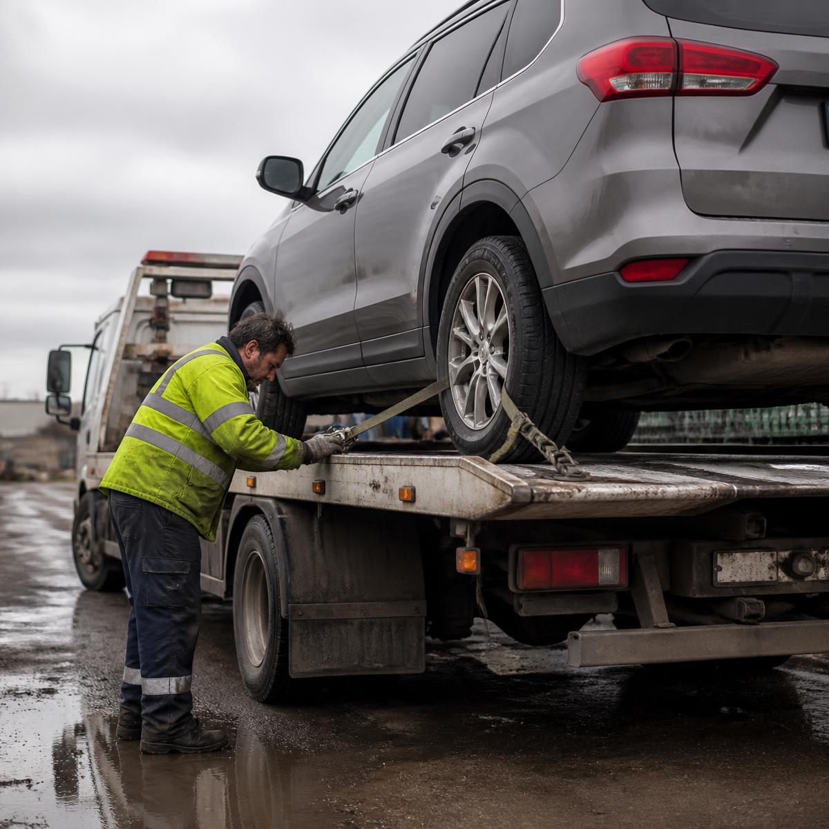 Tow operator securing a vehicle on a flatbed truck deck