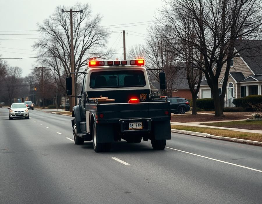Tow truck arriving on a suburban street