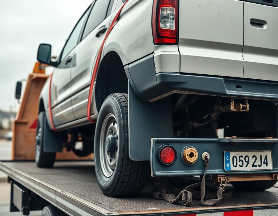 Vehicle strapped down and secured on a flatbed deck
