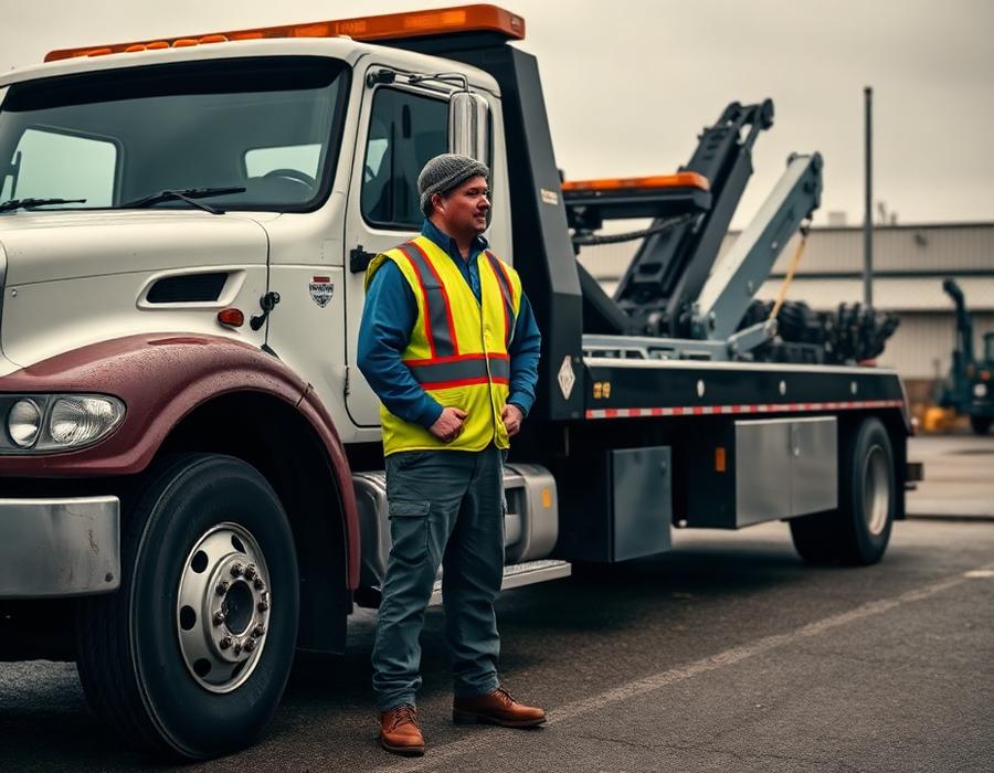 Tow operator in a high-visibility vest beside a tow truck