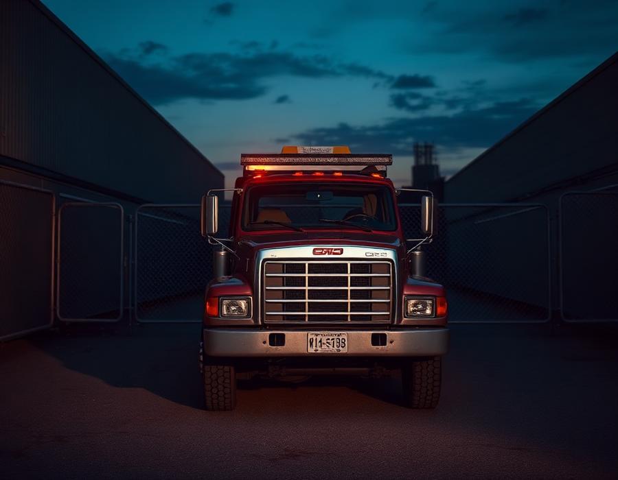 Tow truck staged in a storage yard at dusk