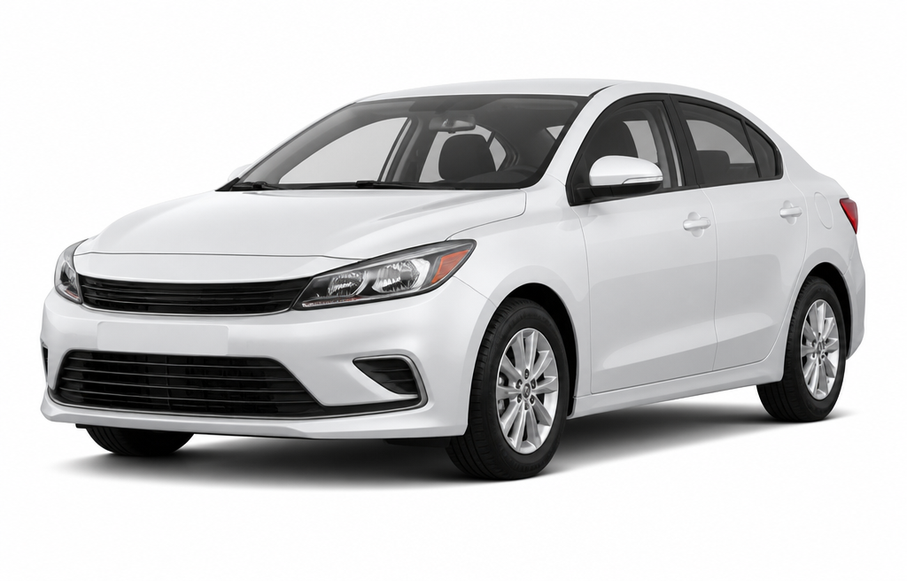 White compact sedan photographed on a plain white background
