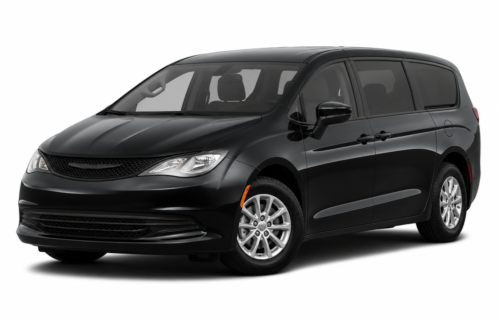 Black minivan photographed on a plain white background